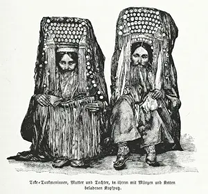 Headdresses Prints: Turkmen mother and daughter, in their headdresses laden with coins and chains