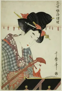 Turning a Shamisen (Shamisen no nejime), from the series Chanting to Shamisen by... c. 1804/06. Creator: Kitagawa Utamaro. Turning a Shamisen (Shamisen no nejime), from the series Chanting to Shamisen by... c. 1804/06