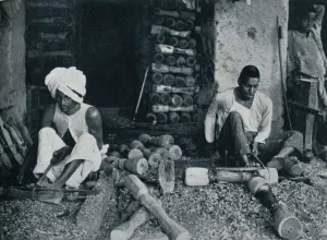 Woodwork Prints: Turning wooden bed legs, c1942