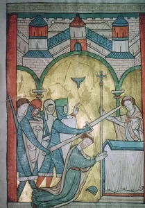 St Thomas Becket Prints: Twelfth century illustration of the murder of St Thomas-a-Becket (1118-1170) from a psalter
