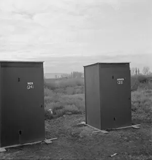 Twenty-four portable toilets, mobile camp (FSA), equipment, Merrill, Klamath County, Oregon, 1939