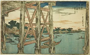 Twilight Moon at the Ryogoku Bridge (Ryogoku no yoizuki), from the series Famous Views... c. 1831. Creator: Ando Hiroshige. Twilight Moon at the Ryogoku Bridge (Ryogoku no yoizuki), from the series Famous Views... c. 1831