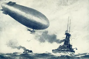 Twixt Sea and Sky. British Airship Towed by Warship, 1917. Creator: Unknown Twixt Sea and Sky. British Airship Towed by Warship, 1917. Creator: Unknown