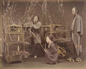 Florist Prints: [Two Japanese Men and One Japanese Woman Posing with Flowering Branches], 1870s