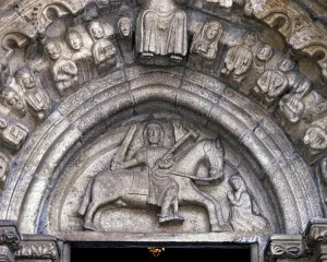 Tympanum Prints: Detail of the tympanum with the image of Santiago on horseback at the Church of Santiago