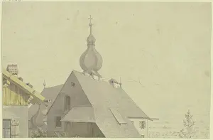 Karl Prints: Tyrolean village church and the surrounding houses with a view of the Alps