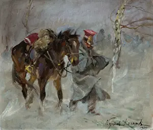 Leading Prints: Uhlan Leading a Horse, 1927. Creator: Wojciech Kossak