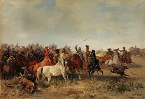 Franz Prints: Ulans rob Honved-Hussars a Herd of Horses, 1864. Creator: Franz Adam