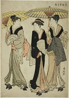 Kiyonaga Torii Prints: Under Umbrellas in a Shower, from the series A Brocade of Eastern Manners (Fuzoku)
