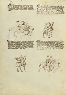Manual Prints: Unarmed Equestrian Combat, about 1410. Creator: Unknown