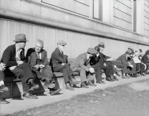 Unemployment Prints: Unemployed men sitting on the sunny side of the San Francisco Public Library