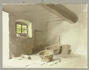 Empty Prints: Unfurnished room, some baskets on the floor, 1860. Creator: Carl Theodor Reiffenstein