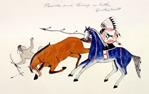 Unhorsing of a Pawnee warrior by Dakota Sioux warrior Zintka Mato (Dog Bear), c1889-1927. Artist: Kills Two Unhorsing of a Pawnee warrior by Dakota Sioux warrior Zintka Mato (Dog Bear), c1889-1927. Artist: Kills Two