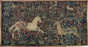 Wool Gallery: A unicorn and a stag in a field of flowers, c. 1500. Creator: Anonymous master