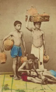 Conrad Giorgio Prints: Four unidentified boys: two standing with clay pots