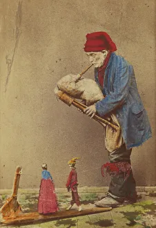 Bagpipe Prints: Unidentified man in cap playing a bagpipe-type instrument with two marionettes