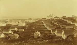 Unidentified village, possibly on Unalaska Island; Russian church with clock in the... 1894 or 95. Creator: Unknown