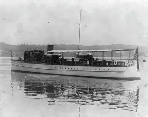 Unidentified yacht at Oyster Bay, L.I. N.Y. 1905; full, broadside view, 1905. Creator: Frances Benjamin Johnston