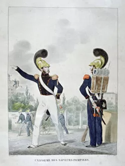 Charles Etienne Pierre Motte Collection: Uniform of military sapper-firemen, France, 1823. Artist: Charles Etienne Pierre Motte