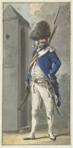 Guard Duty Prints: Uniform of the Rotterdam Society of Arms Trade of Palmboom, 1787. Creator: Dirk Langendijk