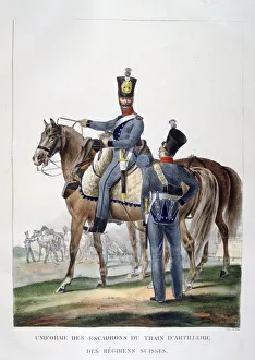 Uniform of a squadron of horse artillery train of a Swiss regiment, France, 1823. Artist: Charles Etienne Pierre Motte Uniform of a squadron of horse artillery train of a Swiss regiment, France, 1823. Artist: Charles Etienne Pierre Motte