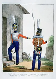 Uniform of the Swiss 7th Regiment of infantry of the royal guard, France, 1823. Artist: Charles Etienne Pierre Motte Uniform of the Swiss 7th Regiment of infantry of the royal guard, France, 1823. Artist: Charles Etienne Pierre Motte