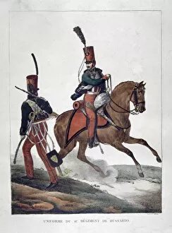 Military Equipment Gallery: Uniforms of the 6th regiment of French hussars, 1823. Artist: Charles Etienne Pierre Motte