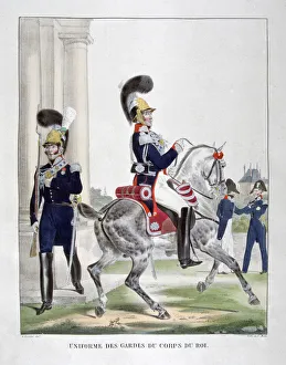 Uniforms of guards of the French royal corps, 1823. Artist: Charles Etienne Pierre Motte Uniforms of guards of the French royal corps, 1823. Artist: Charles Etienne Pierre Motte