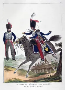Uniforms of a regiment of hussars of the French royal guard, 1823. Artist: Charles Etienne Pierre Motte Uniforms of a regiment of hussars of the French royal guard, 1823. Artist: Charles Etienne Pierre Motte
