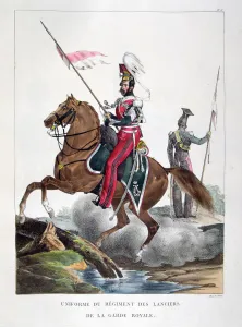 Uniforms of a regiment of lancers of the French royal guard, 1823. Artist: Charles Etienne Pierre Motte Uniforms of a regiment of lancers of the French royal guard, 1823. Artist: Charles Etienne Pierre Motte