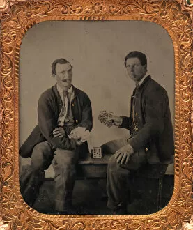 Comradship Gallery: Union Soldiers Sitting on Bench, Playing Cards, 1861-65. Creator: Unknown