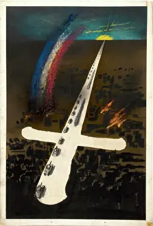 Unity of Strength WWII poster: Tanks pointing into sun on horizon... between 1939-1946. Creators: Central Office of Information, Unknown