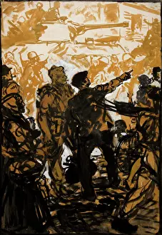The National Archives Prints: Unity of Strength WWII poster: Troops and tank moving through crowded