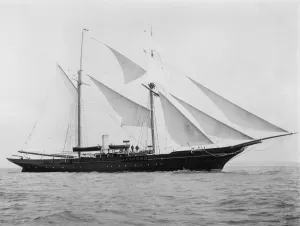 Under Sail Prints: An unknown topsail schooner under way. Creator: Kirk & Sons of Cowes