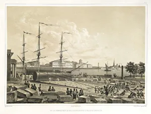 Unloading two column at the Admiralty (From: The Construction of the Saint Isaacs Cathedral), 1845. Artist: Montferrand, Auguste, de (1786-1858)