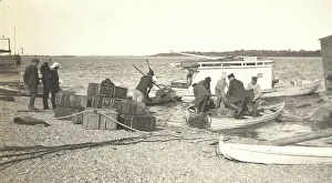 Vladimir Ivanovich Fedorov Prints: Unloading gasoline from boats on the Zee River during windy conditions