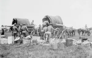 Unloading Prints: Unloading supplies, N.Y.N.G. between c1910 and c1915. Creator: Bain News Service