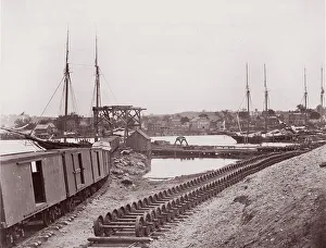 Wheels Prints: Unloading Supplies for U. S. Military Railroad opposite Richmond, Virginia, ca. 1865
