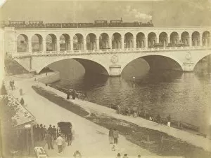 Railway Bridge Gallery: Untitled, 1870 / 79. [Steam locomotive on the upper level of a bridge...]. Creator: Unknown
