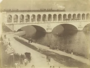 Untitled, 1870 / 79. [Steam locomotive on the upper level of a bridge... ]. Creator: Unknown