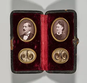 Unidentified Photographer Prints: Untitled (Case with portraits of a man and woman and hair ornaments), c. 1870s. Creator