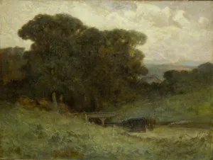 Bannister Edward Mitchell Prints: Untitled (forest scene with bridge, cows in stream in foreground), 1897