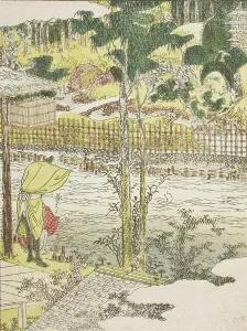 Saki No Prints: Untitled, river and temple, c1802. Creator: Hokusai
