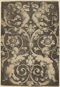 Sirens Prints: Upright Ornament with Two Sirens. Creator: Master of the Horse Heads