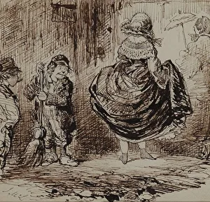 Sepia On Paper Prints: Urchins Looking at a Lady Lifting Her Skirt, c1859. Creator: John McLenan