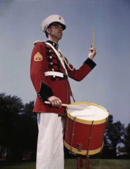 U.S. Marine Band drummer, probably at the Marine Barracks, Washington, D.C. , 1942. Creator: Alfred T Palmer