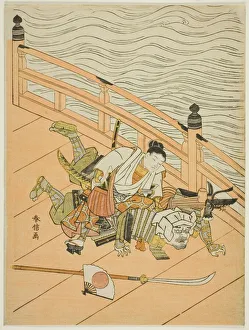 Buddhist Prints: Ushiwakamaru and Benkei fighting on Gojo Bridge, c. 1767. Creator: Suzuki Harunobu