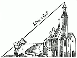 Height Gallery: Using a quadrant with a plumb bob to calculate the height of a tower by triangulation, 1551