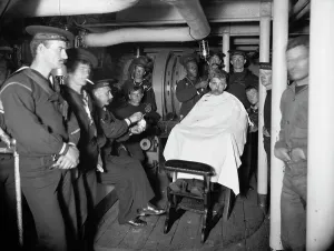 Barber Shop Prints: U.S.S. Brooklyn, barber shop, between 1896 and 1901. Creator: Unknown