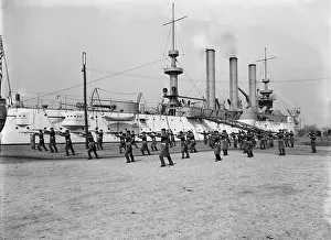 Crewmen Prints: U.S.S. Brooklyn, Marine guard bayonet drill, (1897?). Creator: Unknown
